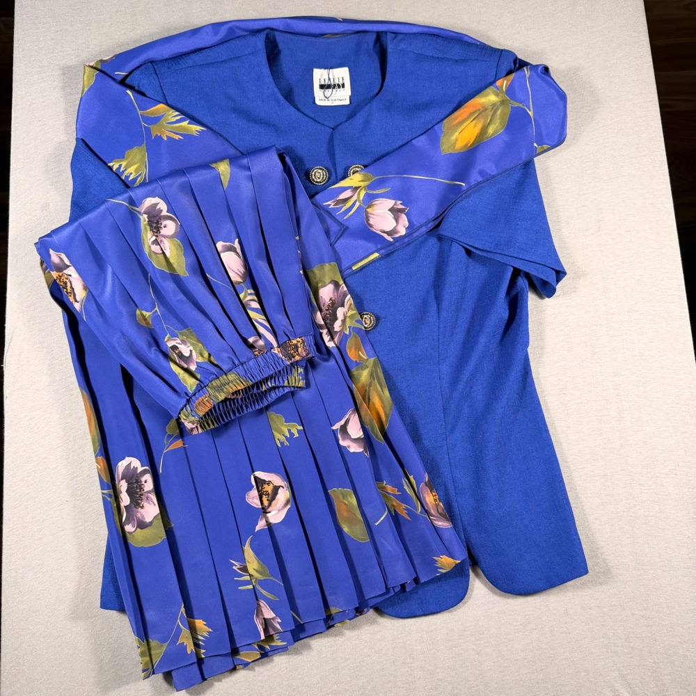 Leslie Fay 3pc Skirt Suit Set Royal Blue Floral Pleated Midi Scarf Vintage Sz 8
